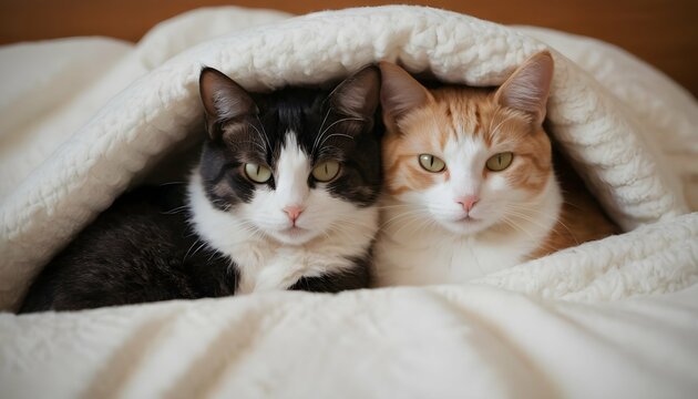 Two Cats Cuddled Together In A Cozy Bed