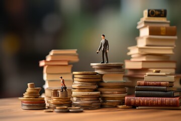 Miniature people : Businessman standing on pile of books. Education concept. - obrazy, fototapety, plakaty
