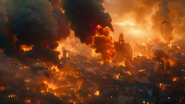 City fires rage uncontrollably, illustrating the devastation wrought by urban disasters.