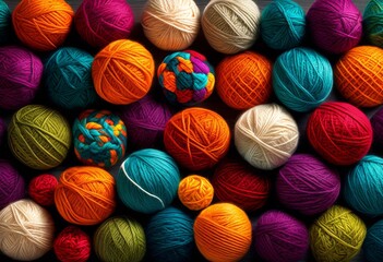 illustration, colorful yarn balls knitting crochet hobby craft projects, wool, skeins, needles, handmade, textiles, threads, creative