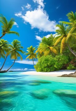 illustration, tropical paradise island getaway palm white sand clear blue water relaxation vacation, trees, exotic, retreat, holiday, ocean, sea, sunny, sun
