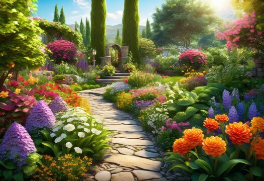 illustration, lush garden landscaping colorful green stone pathway, blooms, foliage, gardening, backyard, design, outdoor, arrangement