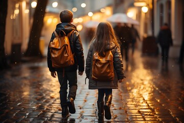 Back view of a boy and a girl with backpacks walking on the street in the rain - obrazy, fototapety, plakaty