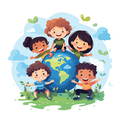 Obraz na płótnie Canvas Happy children and planet Earth flat vector