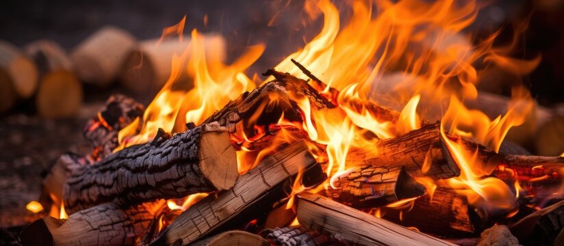 Close shot of flames engulfing firewood
