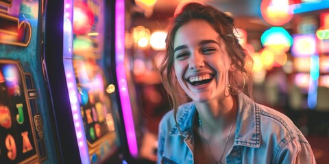 Happy young female gambler laughing cheering near slot machines in a casino. - Powered by Adobe