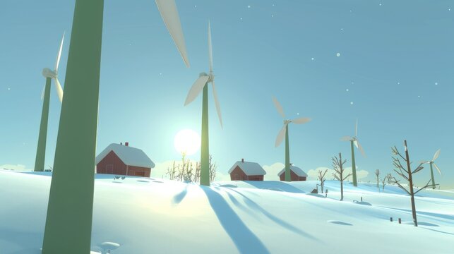 a snow covered field with a bunch of windmills next to a red building and a red barn with a red roof.