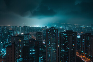 Mystical Night Cityscape: Illuminated Skyscrapers Under a Cloudy Sky with a Glimpse of Mountainous Horizon