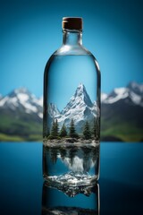 clean drinking water in a bottle against the background of a lake and mountains Generative AI