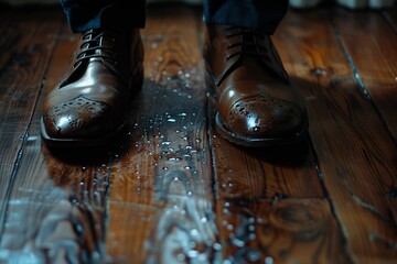 close-up of feet in shoes on a dirty floor - obrazy, fototapety, plakaty