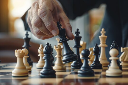 close-up hand of a man moving a chess piece in a chess board game