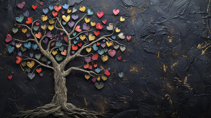 Elegant Tree of Love: A Vibrant Display of Multicolored Hearts on a Beautifully Crafted Tree Against a Textured Dark Background