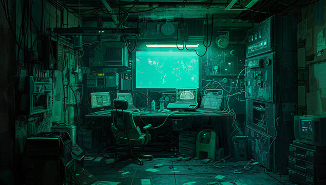 Mysterious and Atmospheric Underground Hacker’s Lair Illuminated by Green Lights: A Detailed View of a Cybersecurity Breach Scene