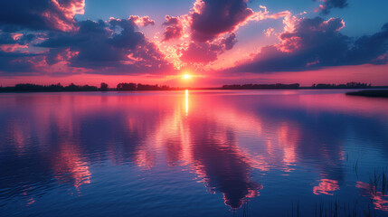 Breathtaking Sunset Over Calm Lake with Vivid Colors and Reflective Waters: Nature’s Beauty Captured in High Resolution - obrazy, fototapety, plakaty