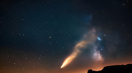 A flamboyant comet streaks across the night sky - obrazy, fototapety, plakaty