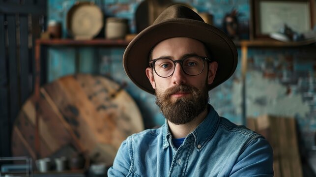 Fashionable man with hat and denim shirt in a vintage decor. Stylish urban portrait with a rustic background.