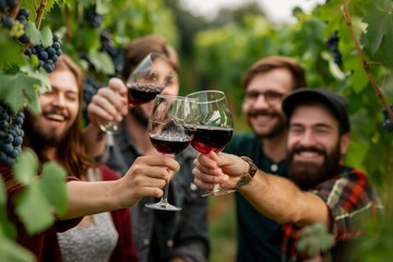 Cheerful Friends Enjoying Wine Tasting Outdoors at Farm House