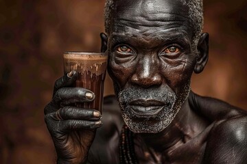 african old man holding glass of chocolate