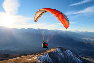 Paragliding against the backdrop of mountains, blured background, copy space