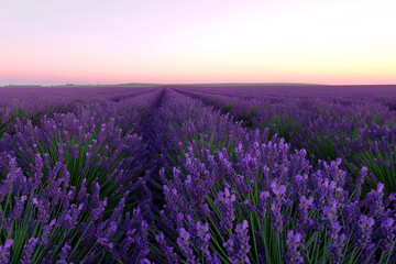 Obraz premium A field of blooming lavender stretching to the horizon under a pastel-colored sky at dusk.