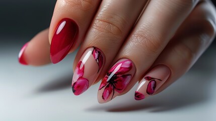 Vibrant red and pink floral nail art on almond-shaped nails. Creative manicure close-up for beauty and spring fashion concepts - obrazy, fototapety, plakaty