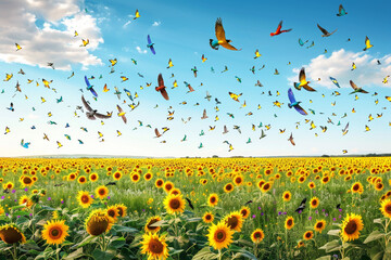 A flock of colorful birds soaring gracefully over a vast, blooming field of sunflowers.
