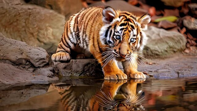 tiny tiger cub gazes into pool entranced by its own reflection. The image captures duality of courage and fear, as the cub sees both its potential and the threat of the unknown in the mirrored tiger.