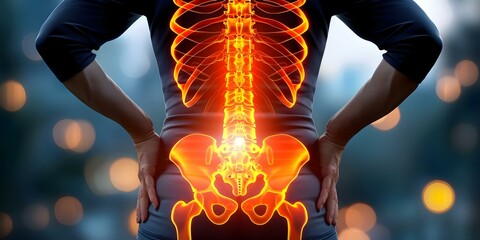 Sciatic nerve inflammation illustrated symptoms diagnosis treatment options for lower back pain. Concept Symptoms of sciatic nerve inflammation, diagnosis methods - obrazy, fototapety, plakaty