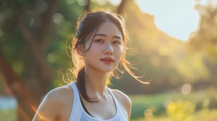 Young woman enjoying a sunny day in the park, with a backlit setting creating a warm glow. Healthy lifestyle and happiness concept.