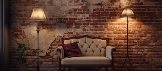A cozy living room with furniture like a couch, lamp, and chair. The brick wall adds character to the space in a house with hardwood flooring
