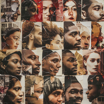Collage of diversity of peoples faces, multicultural, paper photography. 