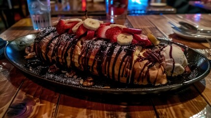 a pancake with bananas, strawberries, and chocolate drizzle on a black plate on a wooden table.