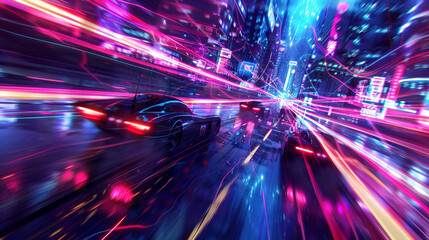 A high-speed chase between AI-driven vehicles through the neon-lit streets of a cyberpunk city, with trails of light streaking behind them as they navigate through the urban maze.