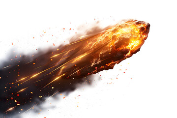 A brilliant flaming meteor with glowing molten tail streaking across the night sky, isolated on a transparent background for easy  onto astronomy photography