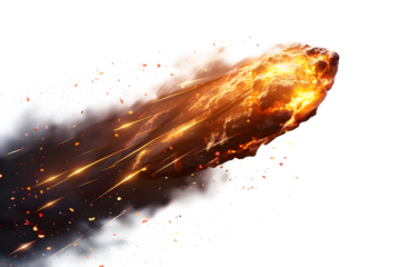A brilliant flaming meteor with glowing molten tail streaking across the night sky, isolated on a transparent background for easy  onto astronomy photography