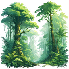 Detailed and colorful illustration of a forest scene, featuring two tall trees. The foliage in the foreground is lush and green, creating a vibrant and immersive atmosphere.