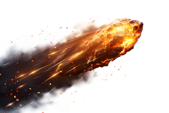 A brilliant flaming meteor with glowing molten tail streaking across the night sky, isolated on a transparent background for easy  onto astronomy photography