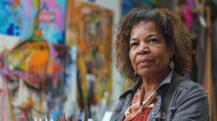 An older female artist stands confidently in her studio with colorful abstract paintings in the...