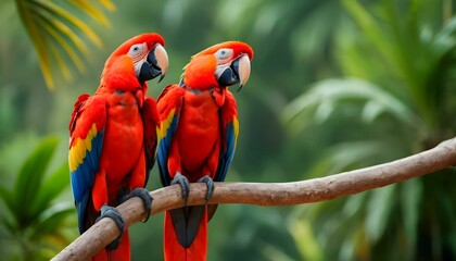 two scarlet macaws are facing each other on a branch on tropical blurry background wallpaper 4k created with generative ai - obrazy, fototapety, plakaty