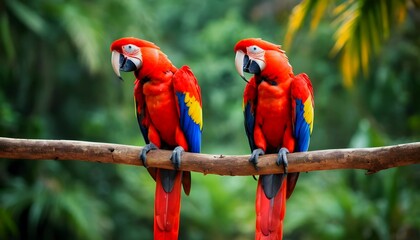 two scarlet macaws are facing each other on a branch on tropical blurry background wallpaper 4k created with generative ai - obrazy, fototapety, plakaty