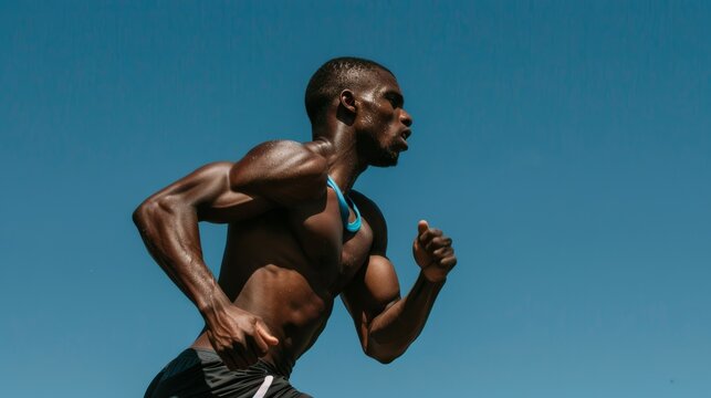 A muscular athlete with blurred face running with focus and speed against a clear, blue sky background, exhibiting power and endurance