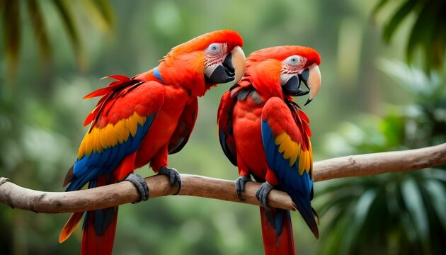 two scarlet macaws are facing each other on a branch on tropical blurry background wallpaper 4k created with generative ai