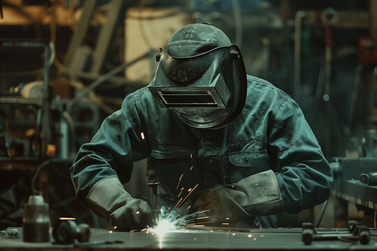 Industrial worker at the factory welding