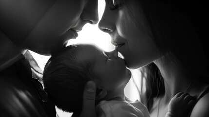 In a touching black and white photo, parents are seen adoringly cradling their infant, a moment of pure love and tenderness - obrazy, fototapety, plakaty