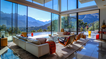 A modernist masterpiece featuring clean lines, floor-to-ceiling glass, and panoramic mountain views.