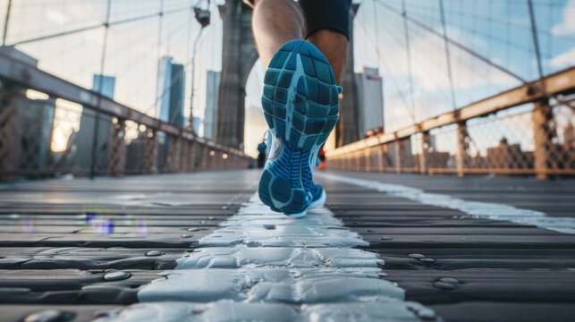 A close-up of a male runner's feet, featuring running shoes and compression socks, set on the iconic Brooklyn Bridge in New York City