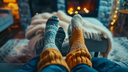 A couple enjoys a cozy winter's day indoors, with socks and woolen stockings on, indulged in movies or series, highlighting a modern leisure scene - obrazy, fototapety, plakaty