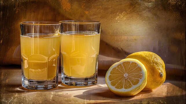 a painting of two glasses of orange juice next to a half of an orange and a half of an orange.