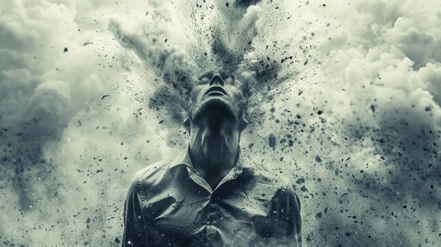 A man with his head exploding out of a cloud, AI