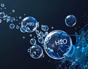 water bubbles and water molecules, labeled H2O around them